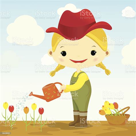 Happy Girl Watering Flowers Stock Illustration Download Image Now