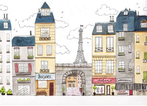 Illustration Paris Street Streetscape Haussmann Buildings Houses