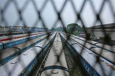 Railway Carriages Lined Up Beside The Station On Indian Railways