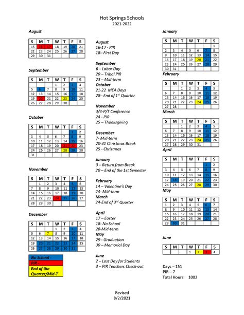 2021 2022 School Calendar Hot Springs School District