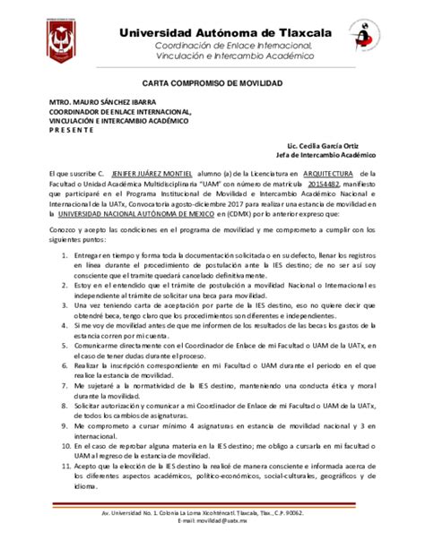 Doc Carta Compromiso De Movilidad Jenifer Juarez Montiel