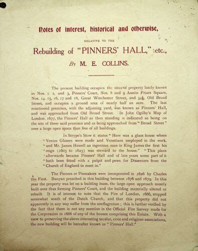 1920s Booklet Notes On Pinners Hall Broad Street City Of London Unusual