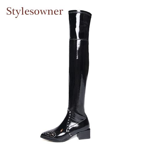 stylesowner sexy lady pointed toe rivet thigh high boots black patent leather low heel stretch