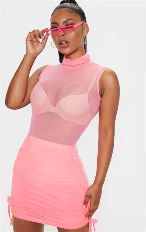 Neon Pink Mesh High Neck Sleeveless Bodysuit Prettylittlething Usa