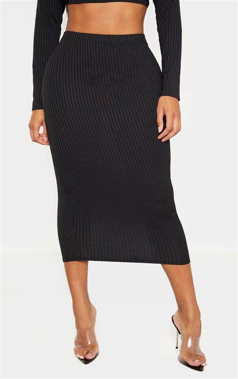 Shape Black Ribbed High Waist Midi Skirt Prettylittlething Aus