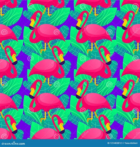 Vector Colorful Seamless Pattern With Pink Flamingo And Green Tropical
