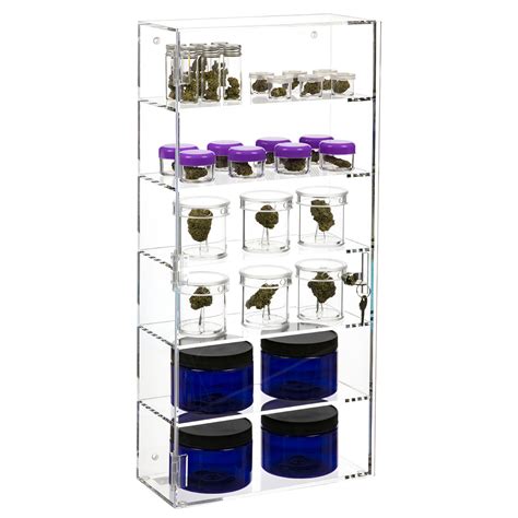 acrylic locking five shelf front opening wall mount cannabis display case shoppopdisplays