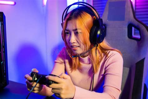 Woman Wear Gaming Headphones Playing Live Stream Esports Games Console