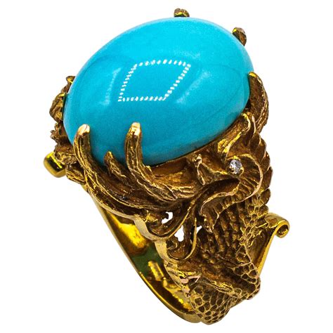 Art Nouveau Style White Diamond Cabochon Cut Turquoise Yellow Gold