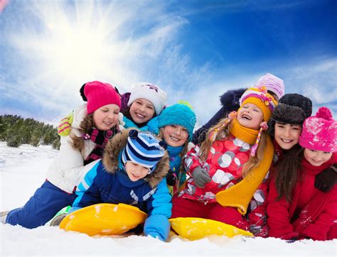 Group Of Happy Kids Outside At Winter Stock Image Image Of Caucasian