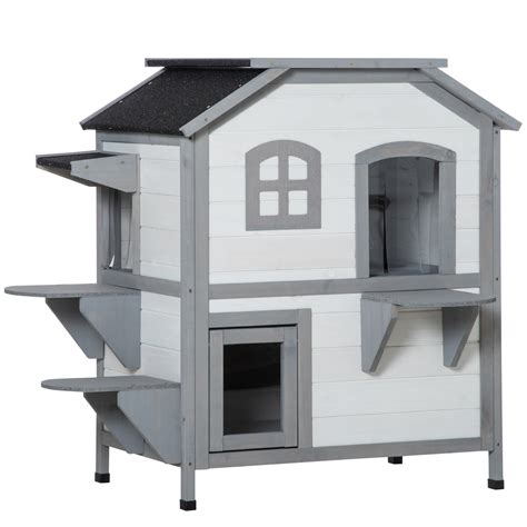 Pawhut Fir Wood 2 Story Outdoor Cat House Wooden Feral Cat Shelter With