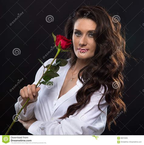 Attractive Brunette Woman Holding Red Rose Stock Image Image Of Sexual Unbuttoned 90015005