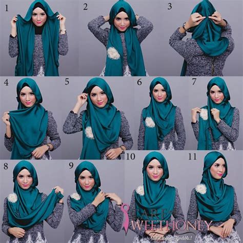 Kedua, pakai hijab ke kepala dengan sisi kiri lebih pendek dibanding kanan, lalu pasang pentul. Tutorial Cara Memakai Hijab Pengantin | Gaya hijab, Gaya ...
