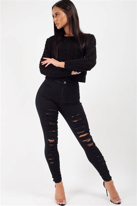 Womens Black Ripped Skinny Jeans High Waisted Uk