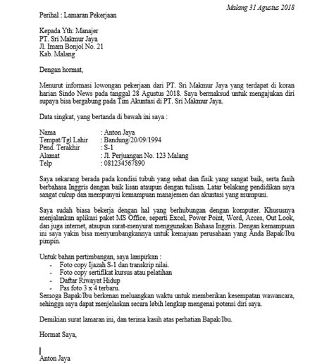 Contoh surat lamaran kerja terbaik, lengkap beserta tips dan trik rahasia pembuatan surat lamaran kerja sehingga mudah mendapatkan pekerjaan. Contoh Soal Dan Jawaban Surat Lamaran Kerja Kelas 12 ...