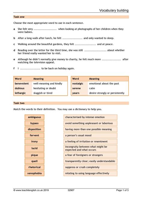 Vocabulary Building Exercises Ks3 English Teachit