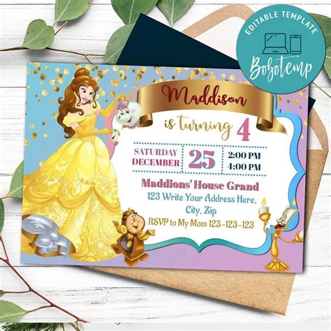 Belle Birthday Invitation Customizable Template Instant Download Bobotemp