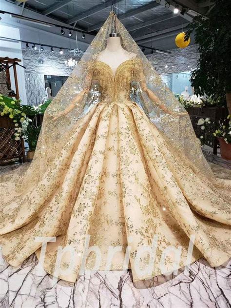 Gold Lace Wedding Dress Bling Off The Shoulder With Veil