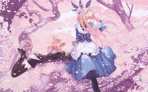 Trees Anime Girls Cat Ears Cherry Blossom Dress Anime