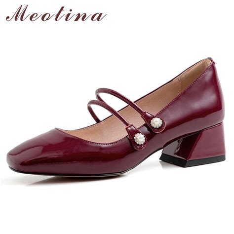 Meotina High Heels Women Pumps Natural Genuine Leather Thick Heel Mary