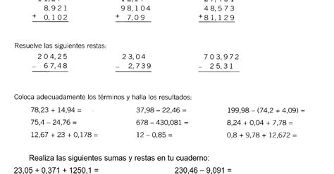 Quinto De La Campiña Tarea De Sumas Y Restas De NÚmeros Decimales