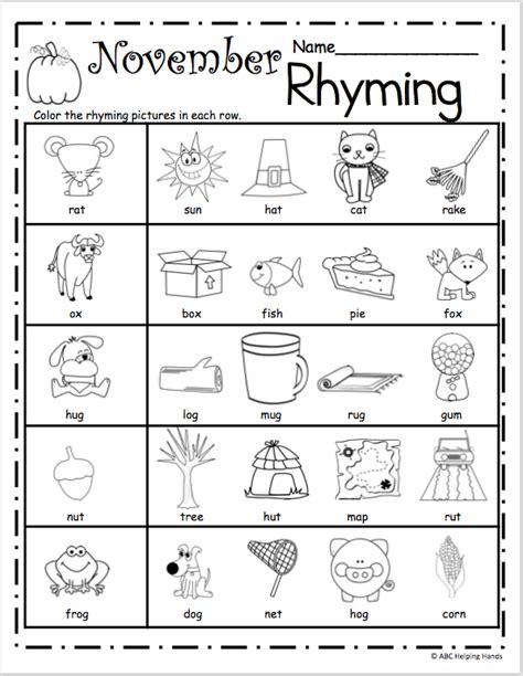 Free November Rhyming Worksheets Made By Teachers Rhyming Worksheet