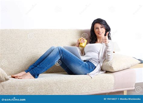 Beautiful Young Woman Relaxing On Sofa Stock Image Image Of Attractive Happy 19416827