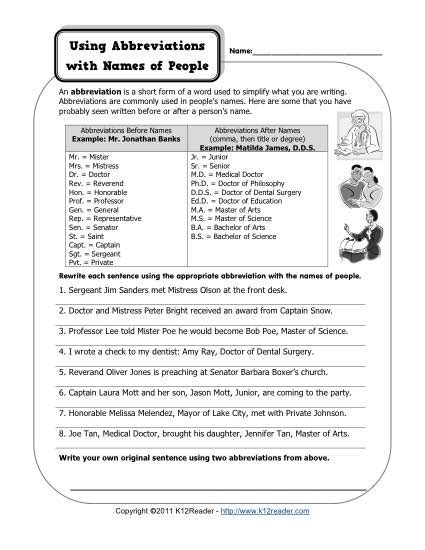 Abbreviations And Names Of People Free Printable Punctuation Worksheets