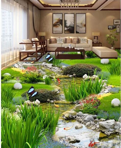 3d Stereoscopic Wallpaper Floor 3d Floor Garden Grass Water Pvc