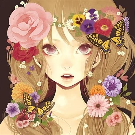 Anime Art Butterfly Colorful Flowers Girl Image