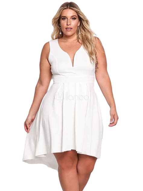 Plus Size Dress Women White Sleeveless High Low Notched Neck Summer