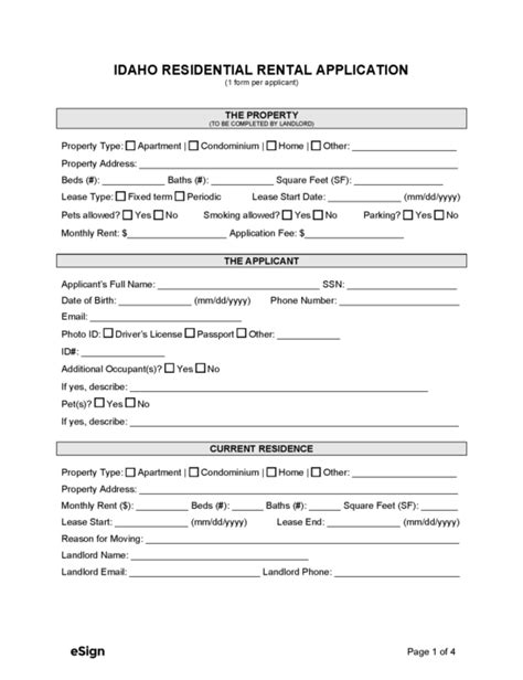 Free Idaho Rental Application Form PDF Word