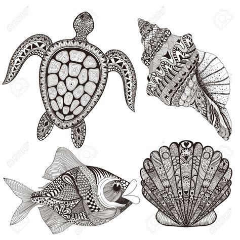 Zentangle Stylized Black Sea Shells Fish And Turtle Hand Drawn