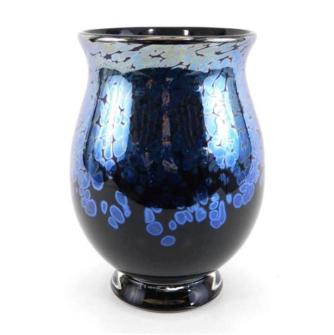 Iridescent , with incredible shimmer, and geometric wavy high and lo blue decoration. Hand Blown Art Glass Vase in Iridescent Silver Blue ...