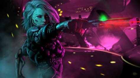 Hd Wallpaper Sci Fi Cyberpunk Cyborg Neon Pistol Woman