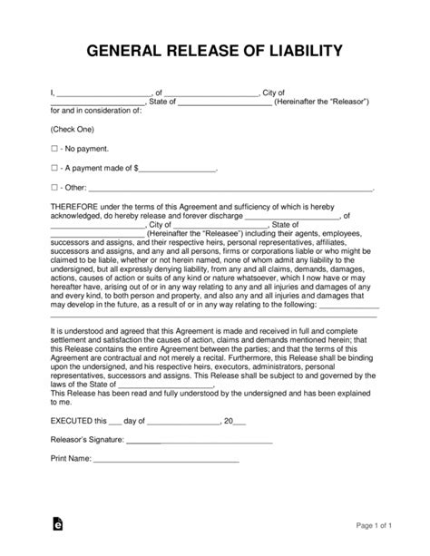 Printable Free Release Of Liability Hold Harmless Agreement Template