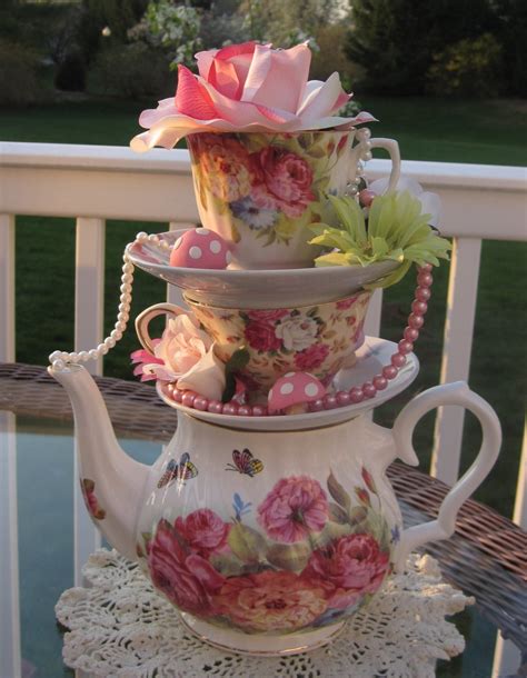 Stacked Floral Teapotteacup Centerpiece With By Edieschiccrafts