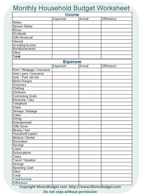 Monthly Household Budget Worksheet - Moms Budget