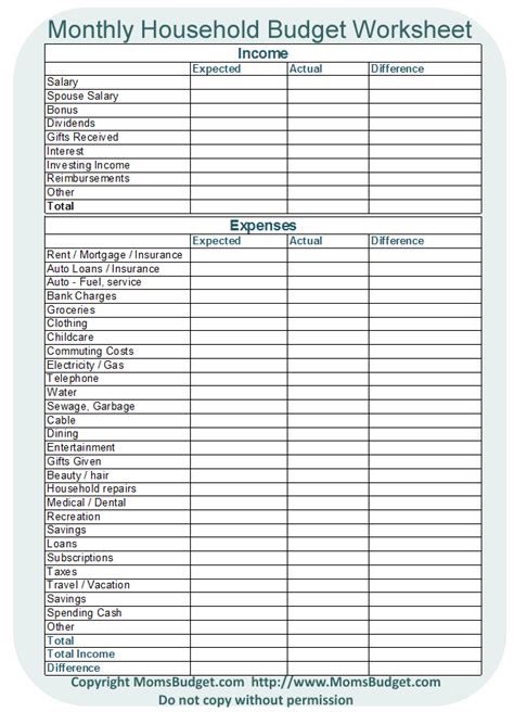 Monthly Household Budget Worksheet Moms Budget