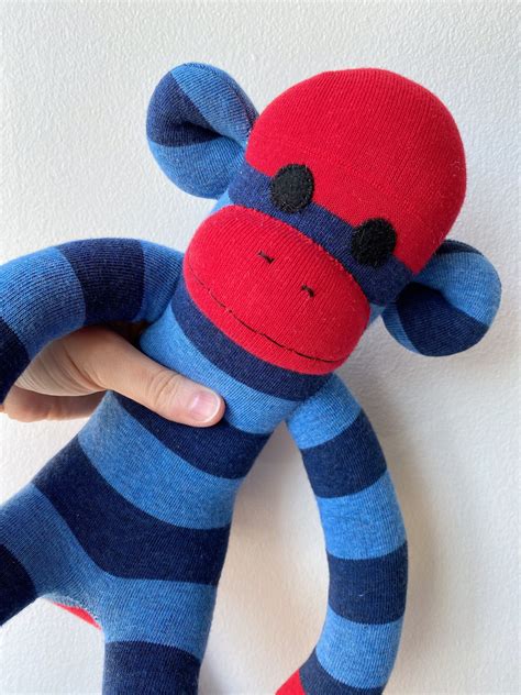 Sock Monkey Jake Blue And Red Striped Sock Monkey Etsy Canada