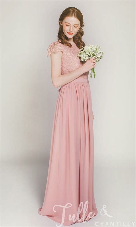 Cap Sleeves Long Lace And Chiffon Bridesmaid Dress Tbqp322d Chiffon