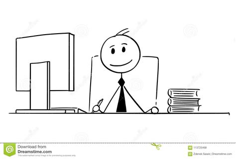Cartoon Of Smiling Businessman Working In Office Stock