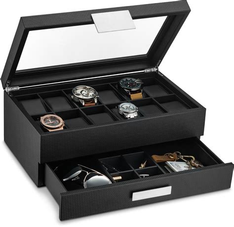 buy watch box with valet drawer for men 12 slot luxury case display organizer carbon fiber