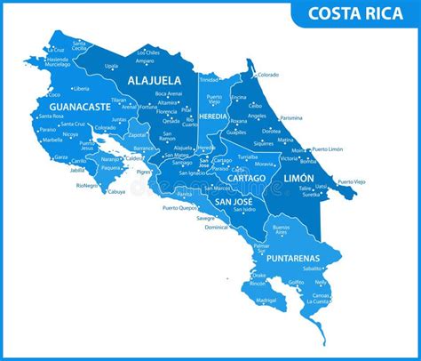 The Detailed Map Of Costa Rica With Regions Or States And Cities