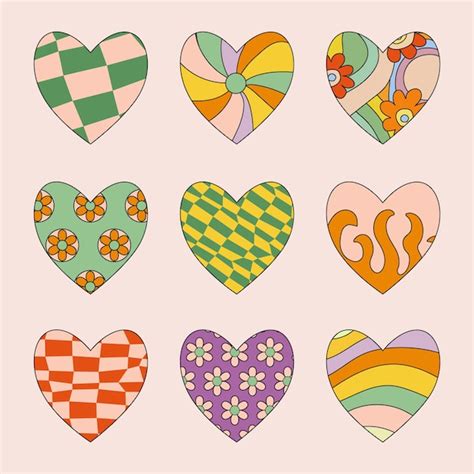 Premium Vector Set Of Retro Hippie Romantic Heart Stickers Colorful