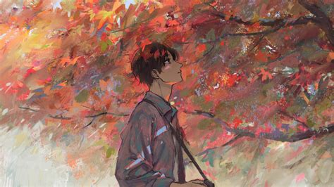 Download 1920x1080 Wallpaper Anime Boy Autumn Tree Artwork Full Hd Hdtv Fhd 1080p