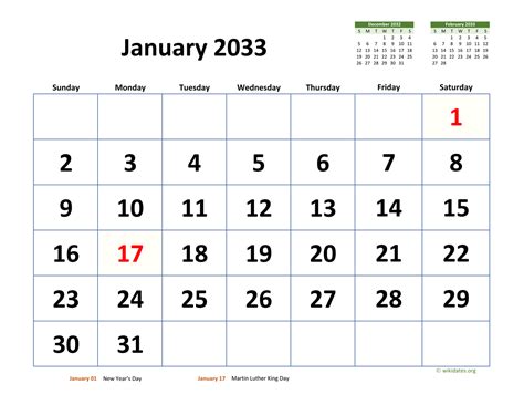January 2033 Calendar With Extra Large Dates