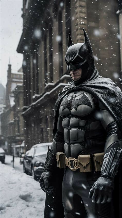 A Man Dressed As Batman Standing In The Snow