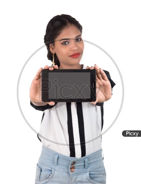 Image Of Pretty Young Indian Girl Showing Blank Smart Phone Screen And