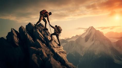 Premium Ai Image Two Climbers Are Walking In Mountains